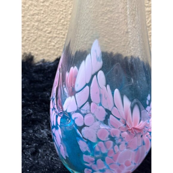 Hand-Blown Glass Vase With Pink & Blue Floral Design Unique Signed - Picture 2 of 10